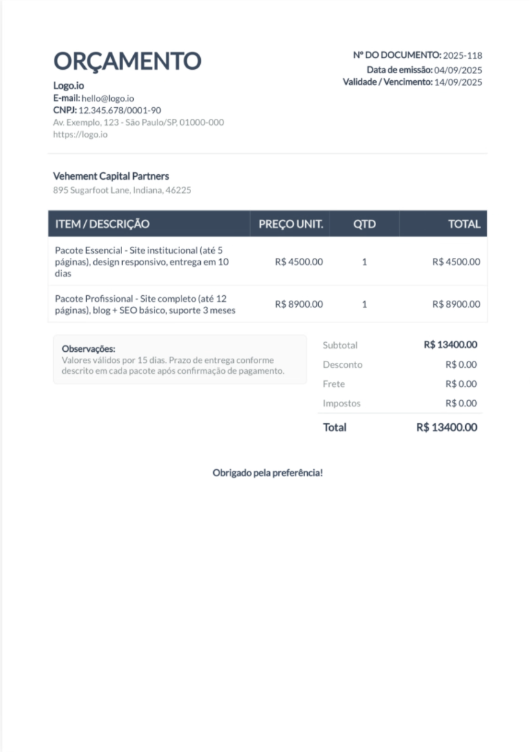 Prévia do PDF de orçamento gerado